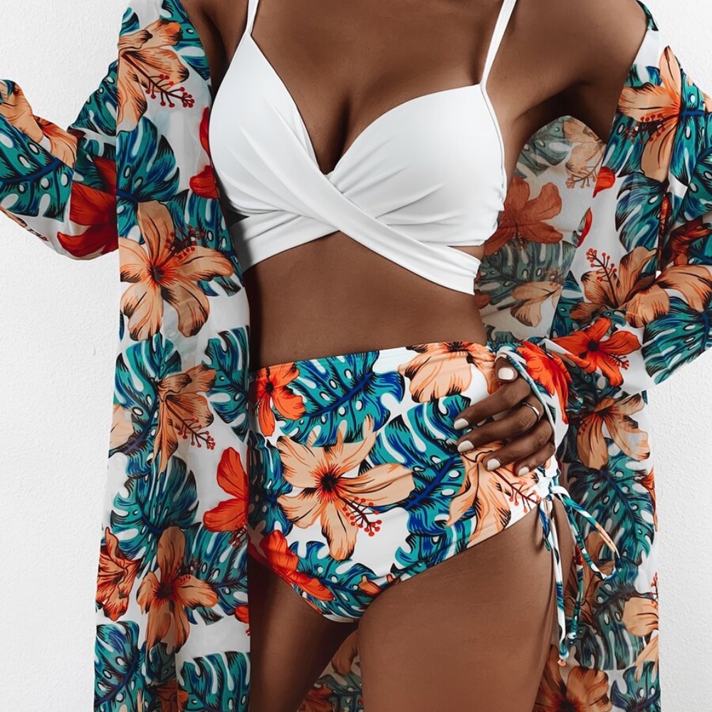 3 piece floral print leaves bikini kimono set - Picture 2 of 5